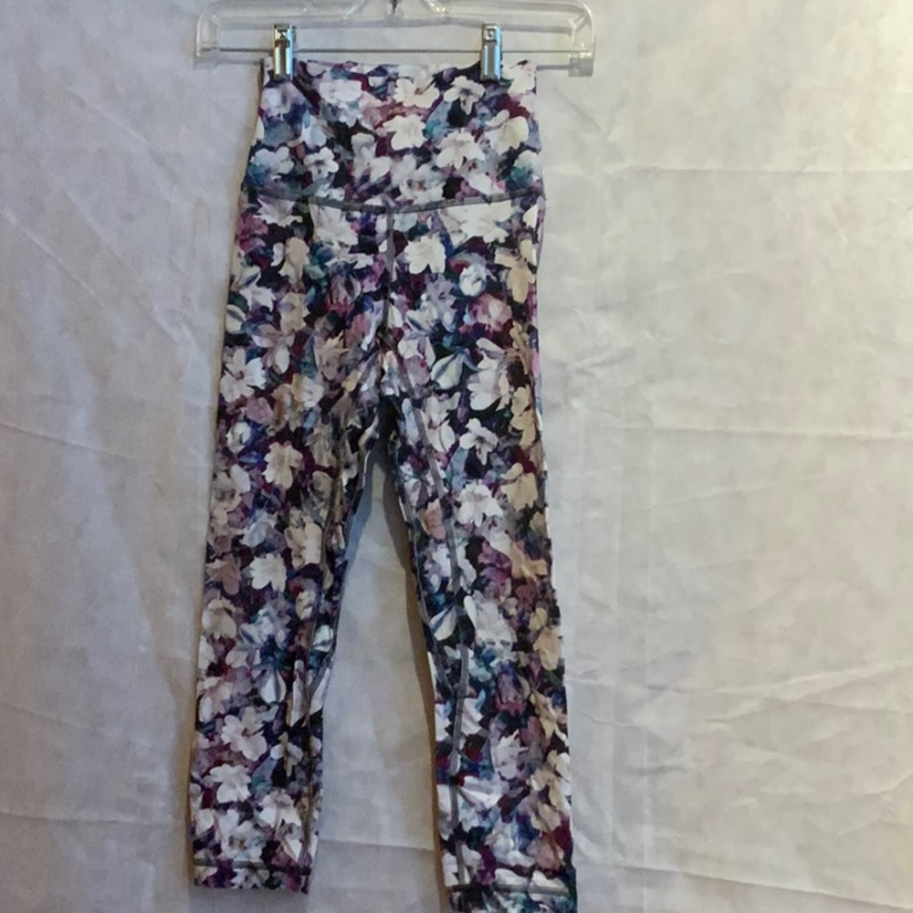 Lululemon Align Pant II 25" in a busy floral pattern.